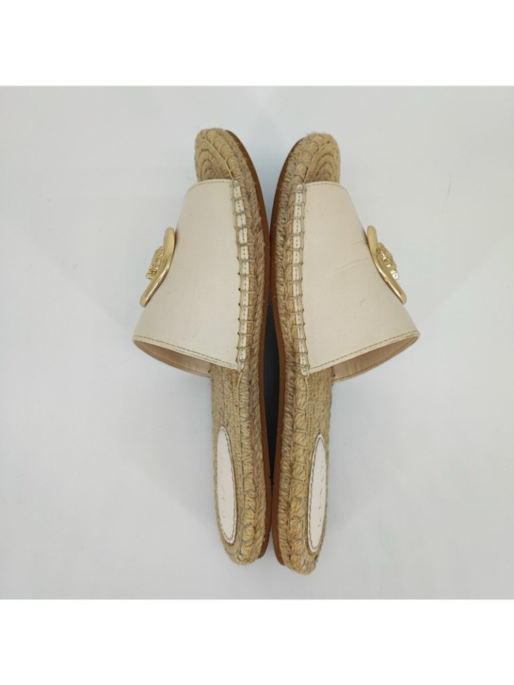 Coach Women’s 7.5 B Sandals Leather Cream Gold Buckle Espadrille Slide C4508 - Picture 5 of 8